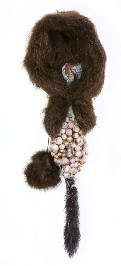 Bisexual 2 (2012), size: 40 x 14 x 15cm. Mink, beads.