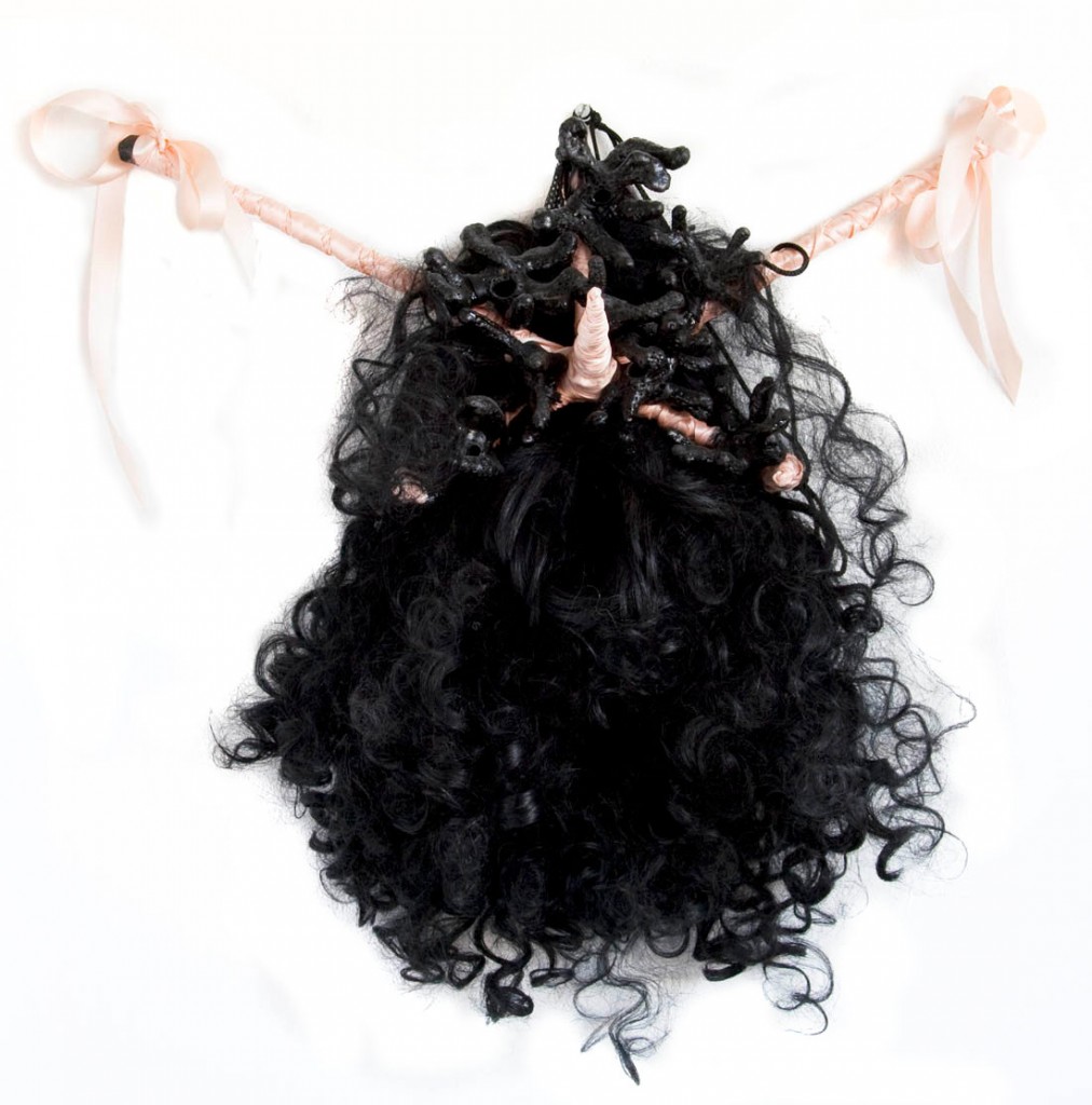 Fetishism (2008), size: 50 x 54 x 17cm. Ribbon, coral, metal, wig.