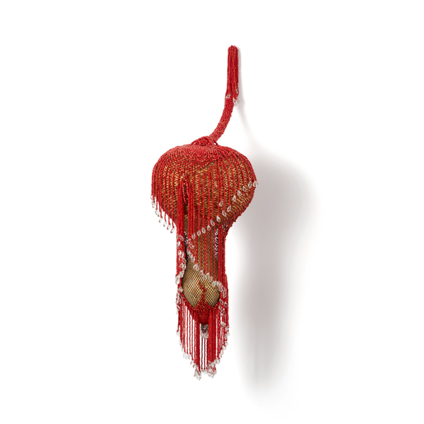 Concubine (2015), 60 x 20 x 20cm. Beads, metal, pantyhose, calabash.
