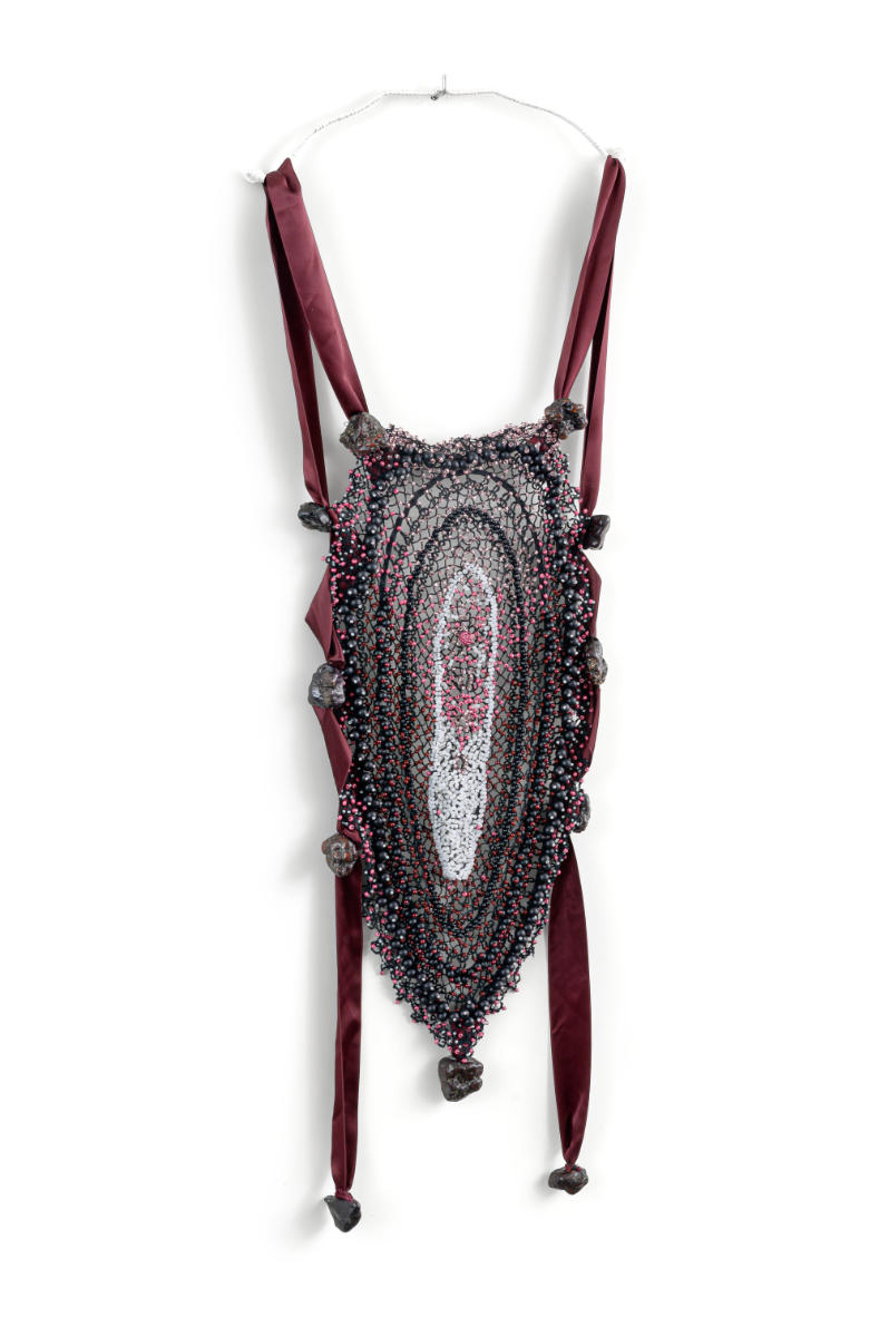 Veil (2021), 95x30cm. Beads, lace, stones.